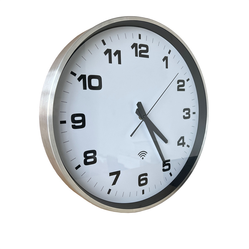 Большие 15-дюймовые круглые настенные аналоговые часы NTP из серебристого алюминия с поддержкой Wi-Fi, часы с Wi-Fi.